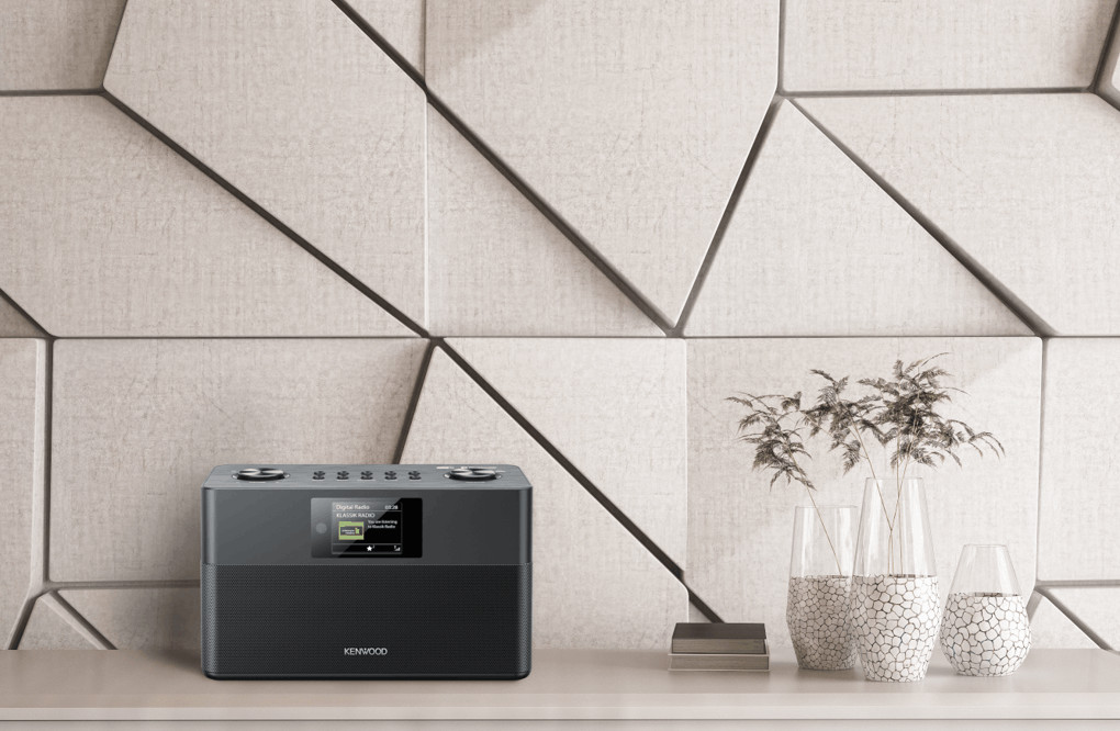 Een donkere radio op een witte plank voor een geometrische muur. Twee vazen met planten staan rechts.