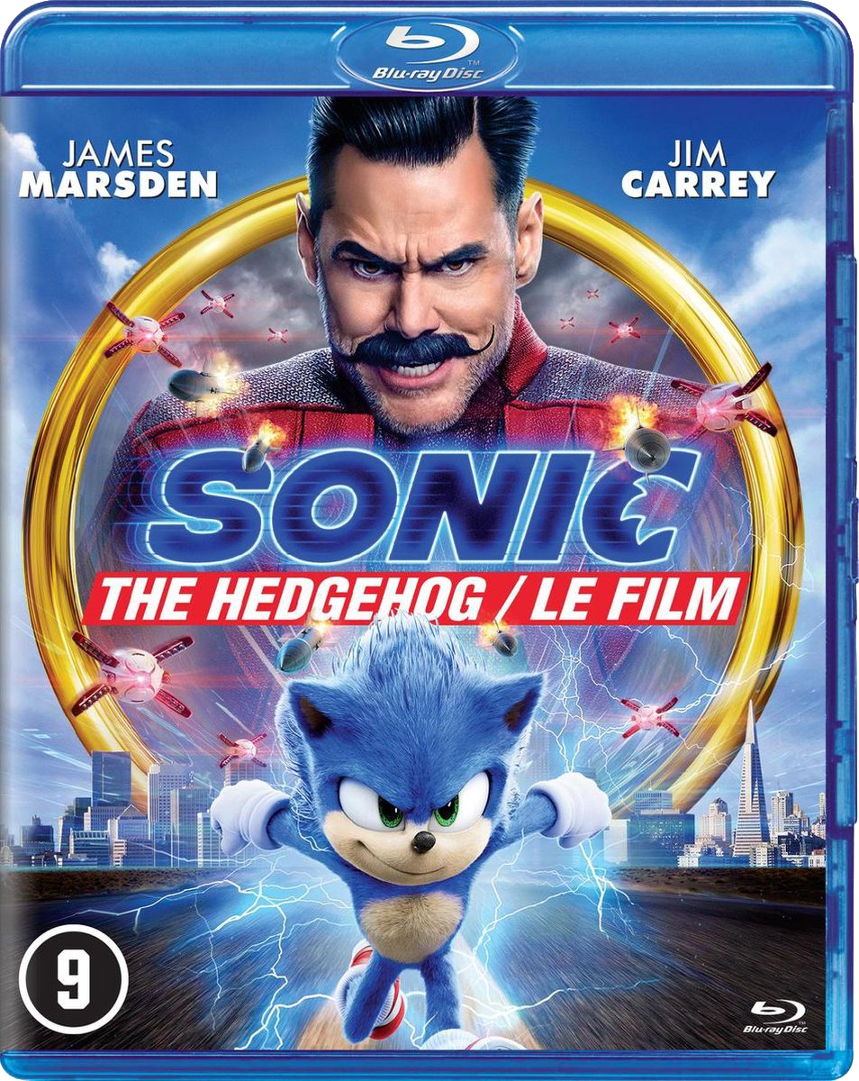 Une couverture de film de Sonic the Hedgehog avec Sonic et l'acteur Jim Carrey. L'arrière-plan est une ville.