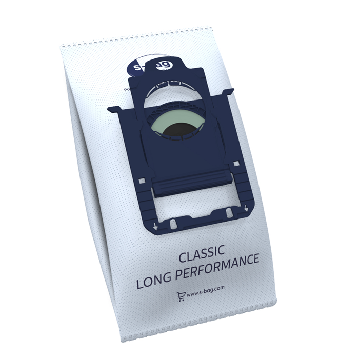 Vacuum cleaner bag with a blue plastic part and the text 'CLASSIC LONG PERFORMANCE' on a white background.