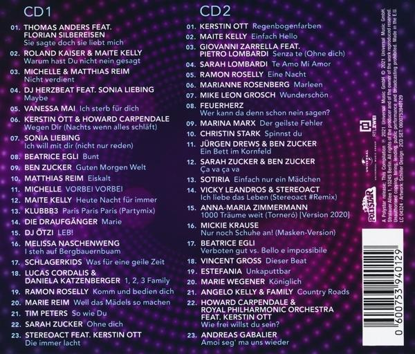 CD-Cover mit einer Liste von Songs und einem farbenfrohen Design. Viele Musikkünstler sind aufgeführt.