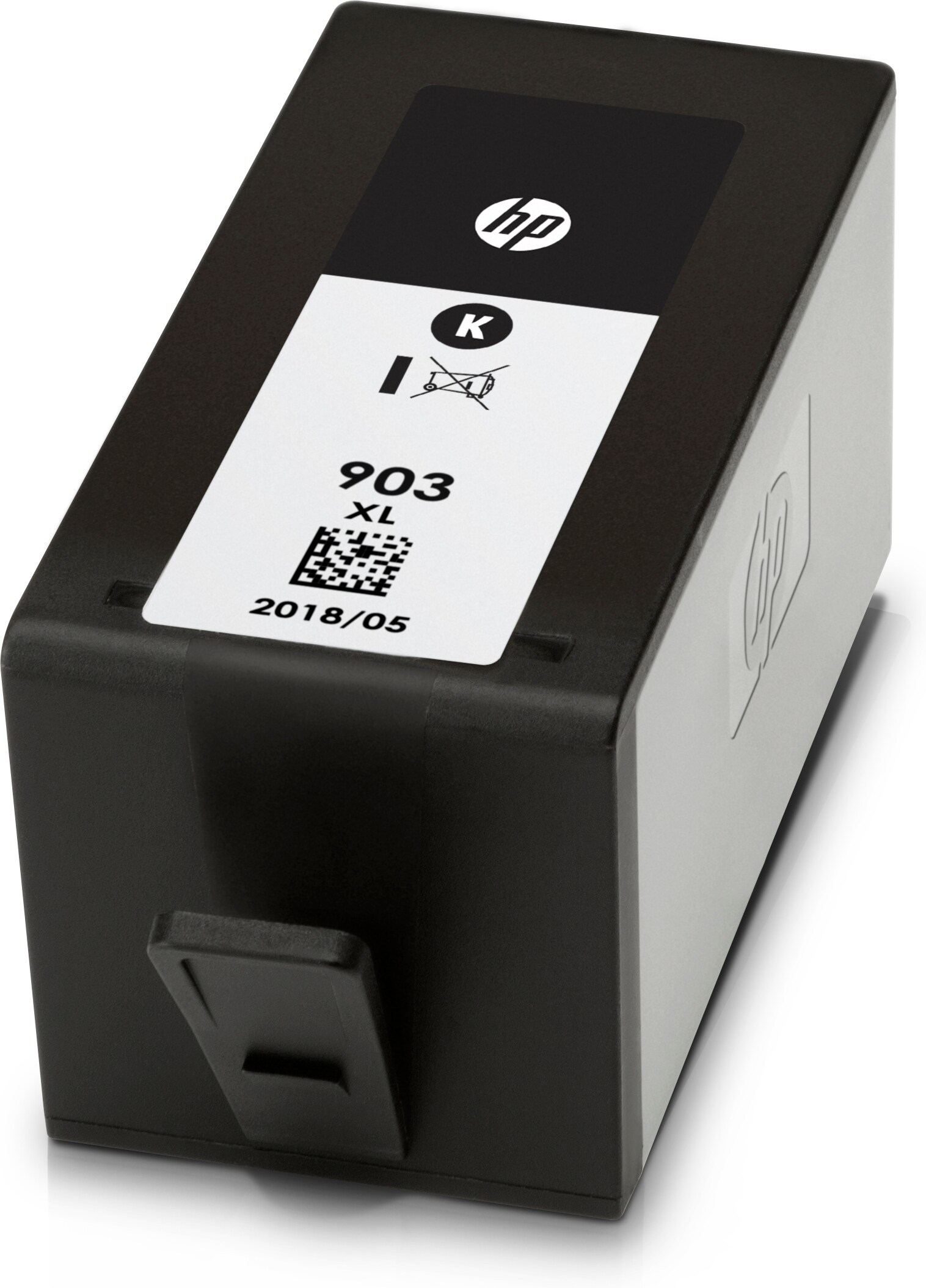 Un cartucho de tinta HP negro y gris con una etiqueta blanca y el logotipo de HP.