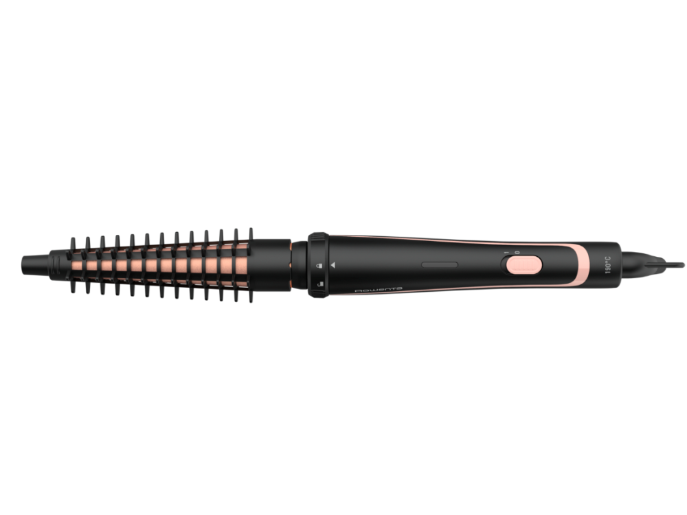 Una varita de peinado negra y rosa con múltiples accesorios.