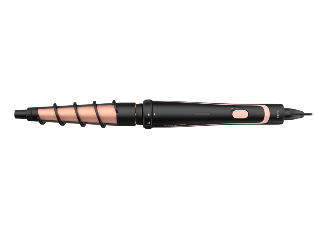 Un rizador de pelo negro y oro rosa, con un elemento calefactor en espiral.