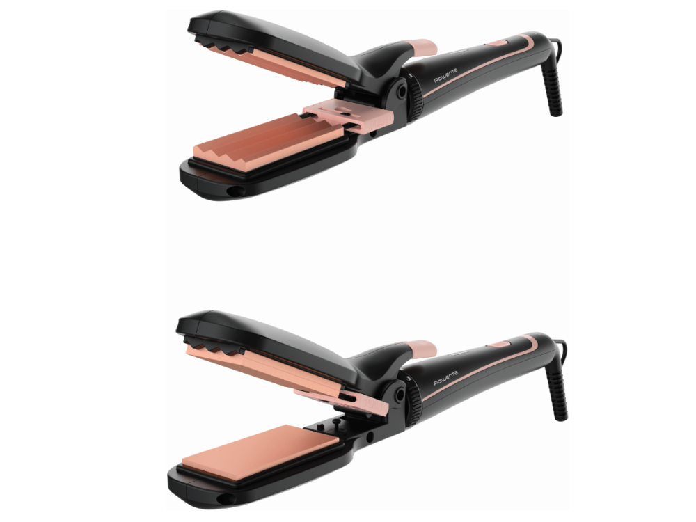 Dos planchas para el pelo negras y oro rosa, abiertas y cerradas, sobre fondo blanco.