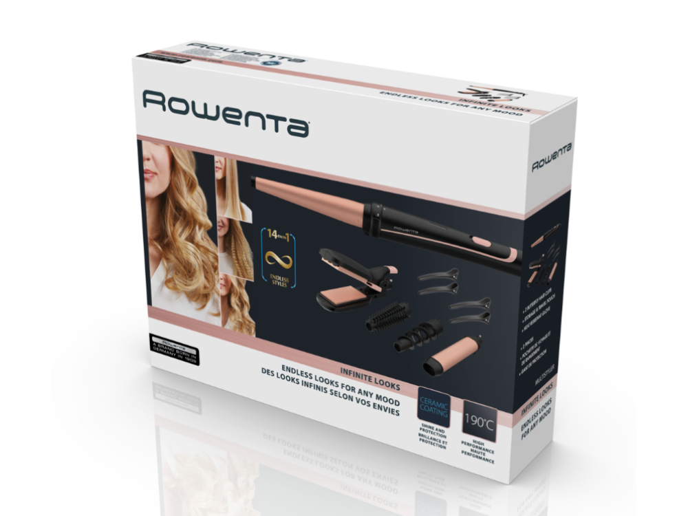 Una caja de productos para peinado con un rizador y accesorios exhibidos en la parte delantera.