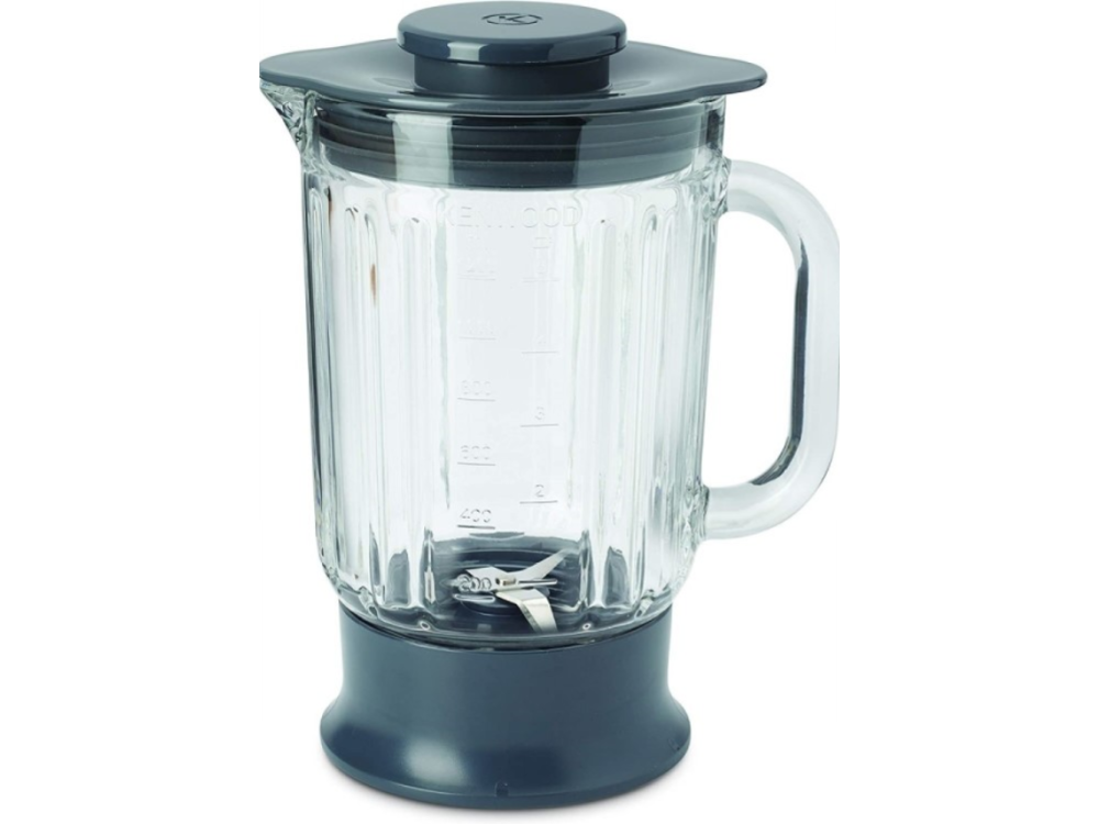 Un vaso de licuadora Kenwood con tapa y asa, sobre un fondo oscuro.