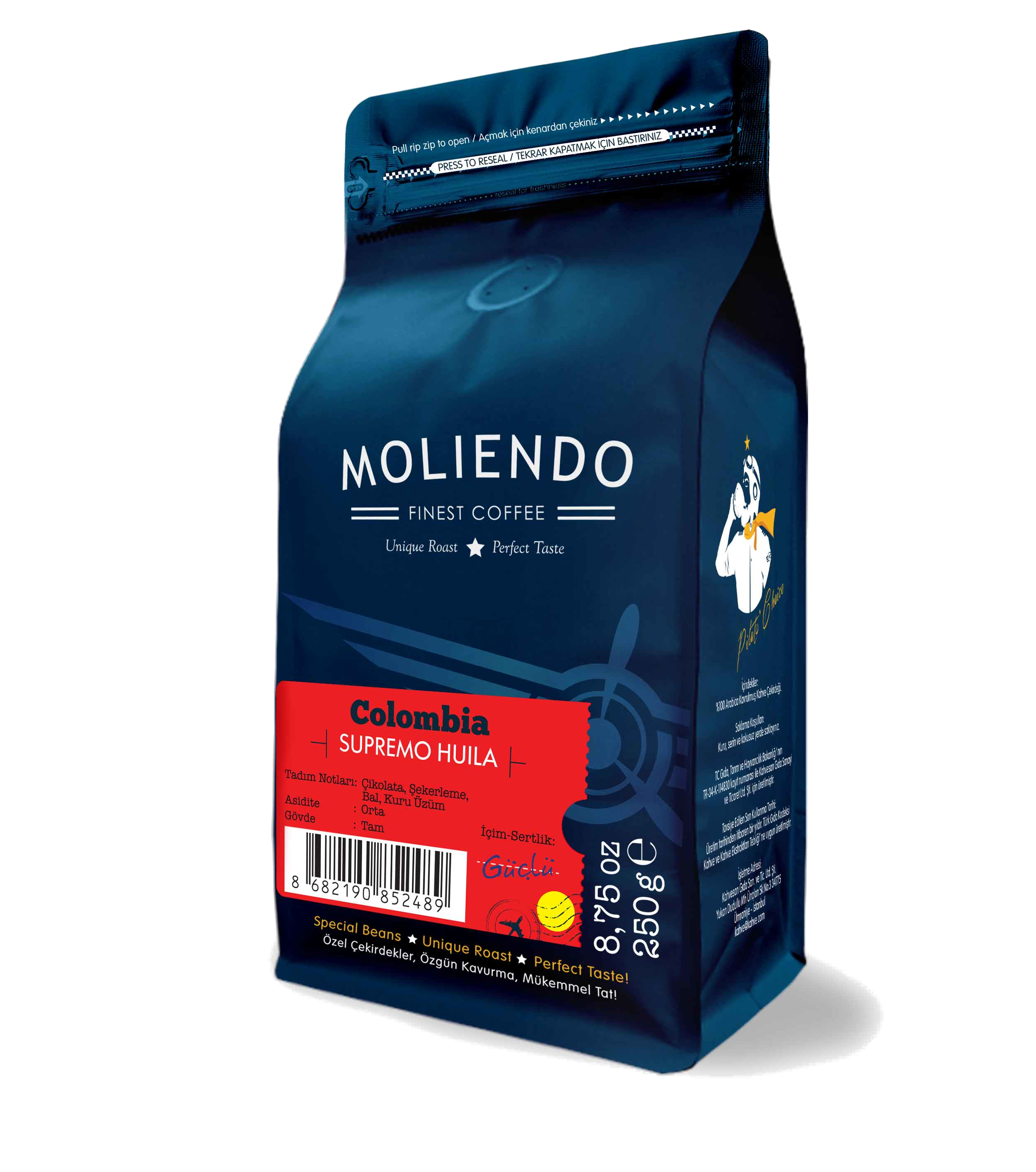 Kırmızı etiketli mavi kahve poşeti. Metin: Molliendo, Colombia Supremo Huila. Kahve çekirdekleri içerir, 250g.