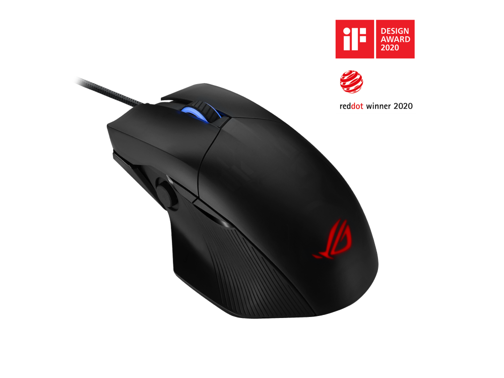 Ratón gaming negro con logo rojo y luz azul. Premios Red Dot e iF Design visibles.