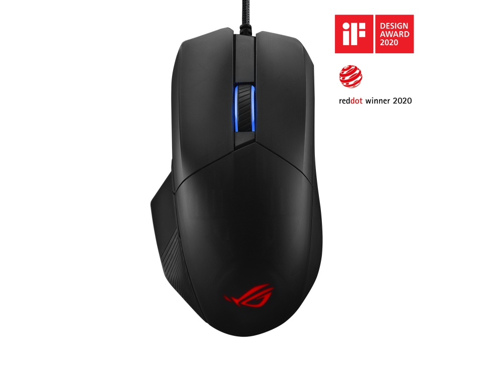 Ratón gaming negro con luz de rueda de desplazamiento azul. Logotipo ROG rojo.