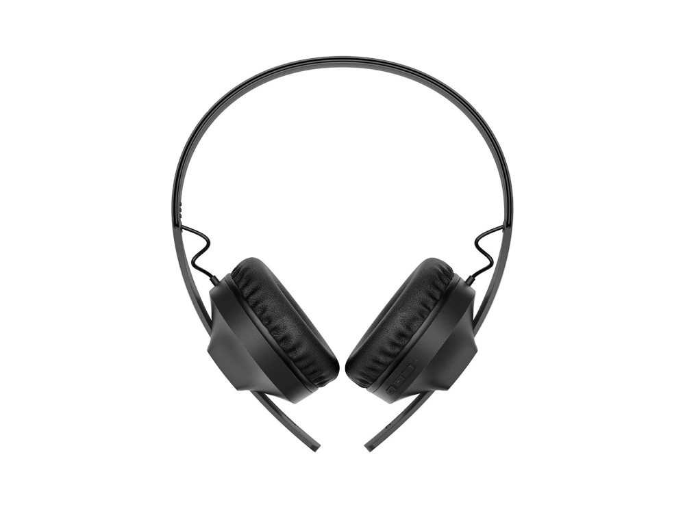 Auriculares negros con almohadillas, sobre fondo blanco.
