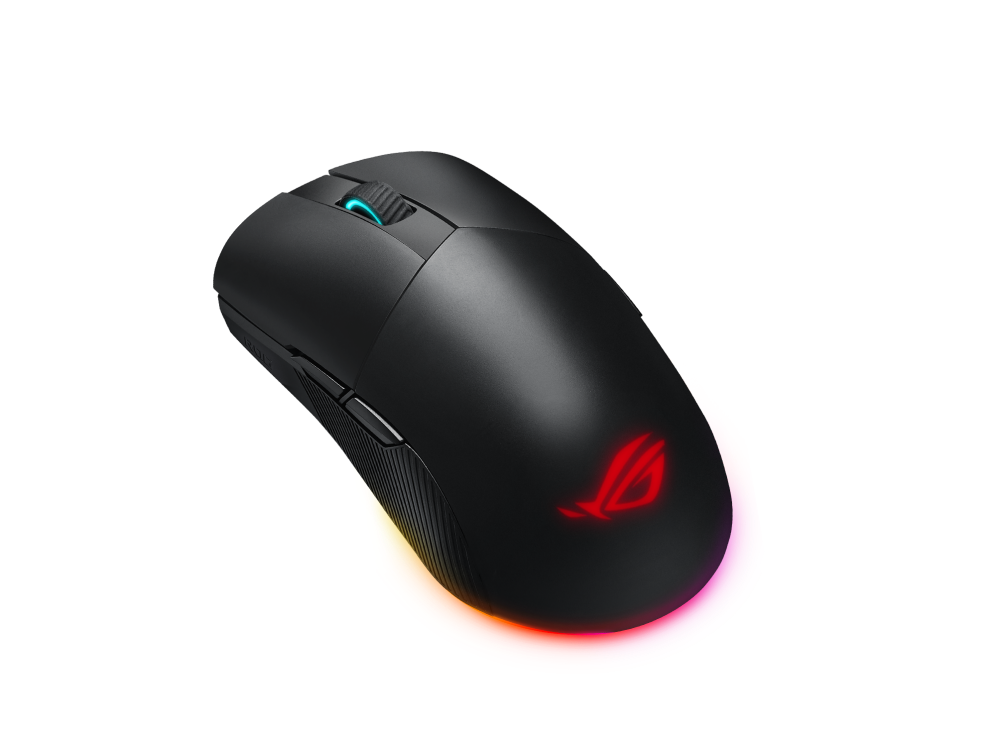 Un ratón gaming negro con iluminación RGB y rueda de desplazamiento azul.