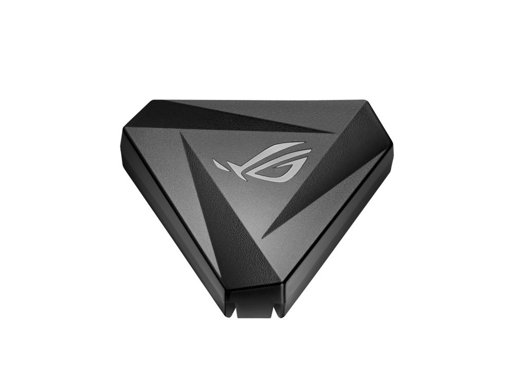 Dispositivo ROG negro en forma de diamante. Presenta el logotipo ROG en el centro. Fondo negro.