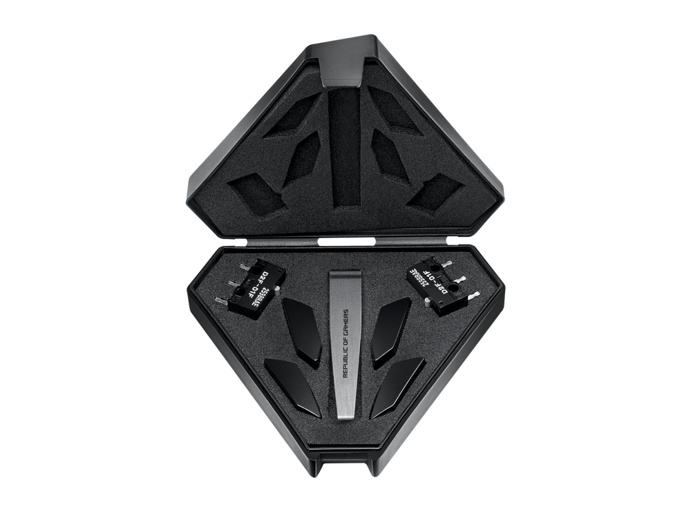 Carcasa ROG abierta con accesorios internos, negra con el logo ROG.