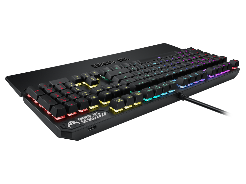 Teclado gaming ASUS TUF negro con teclas multicolores y conexión USB.