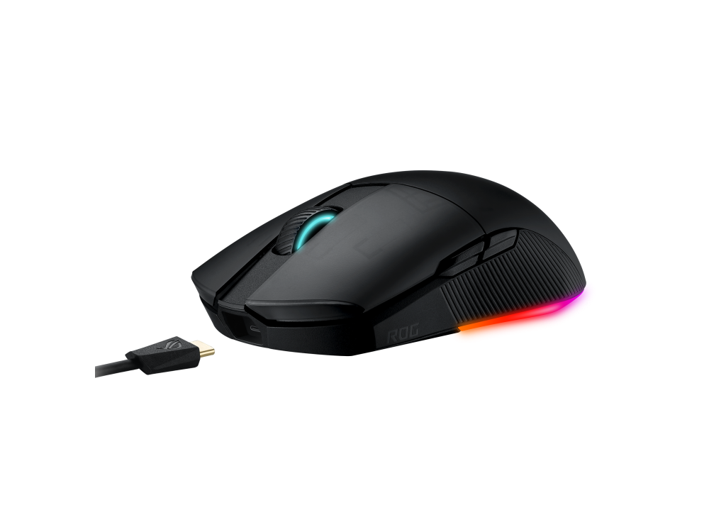 Un ratón gaming negro con acentos de iluminación RGB y un cable USB-C.