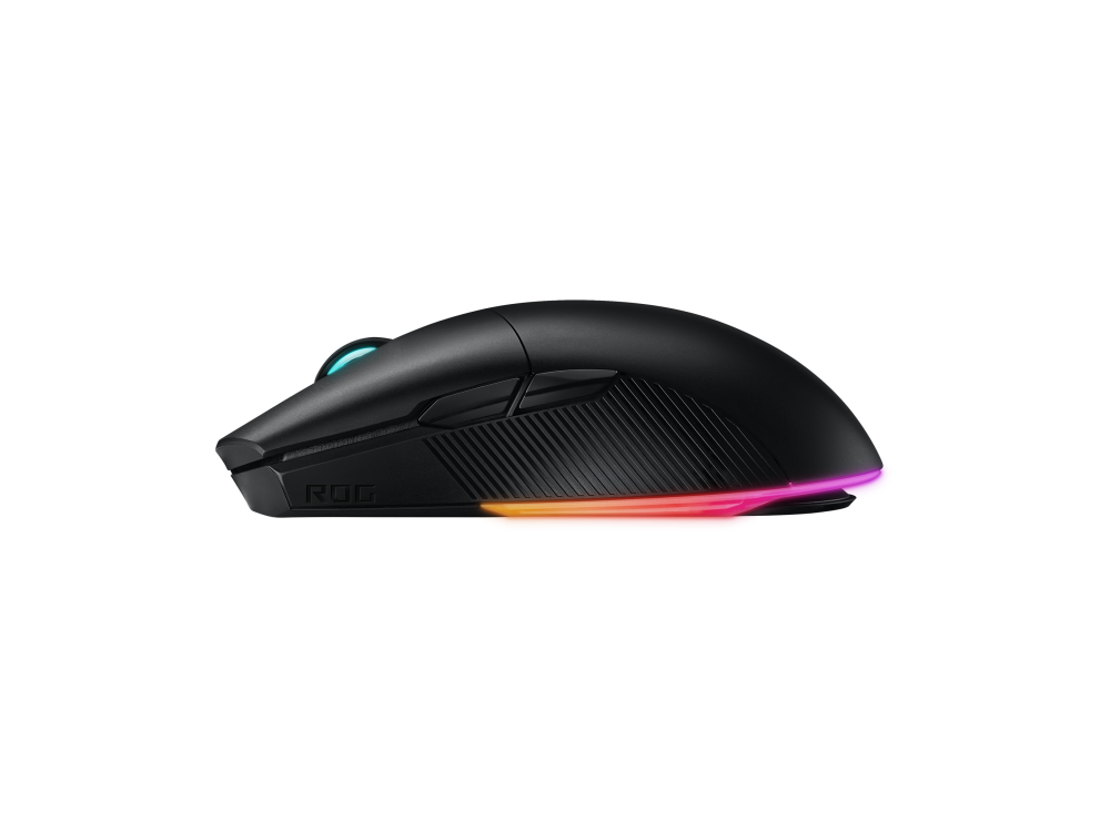 Ratón gaming negro. Luz RGB en la parte inferior, con un logo.