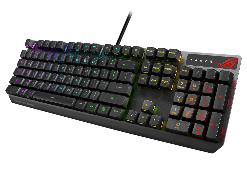 Teclado de juegos negro con teclas de colores y un logotipo de Republic of Gamers. Fondo negro.