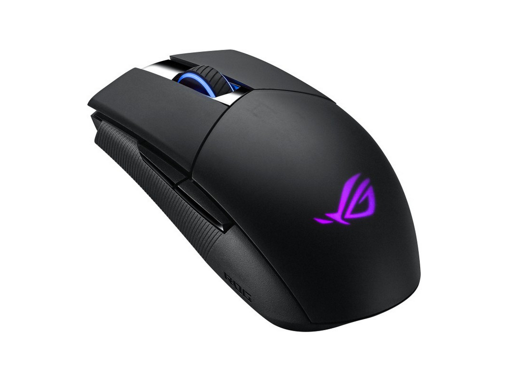 Ratón gaming negro, logo iluminado, fondo blanco.