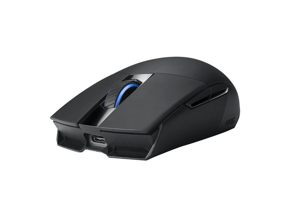Ratón para juegos negro con rueda de desplazamiento azul. Logotipo ROG visible.