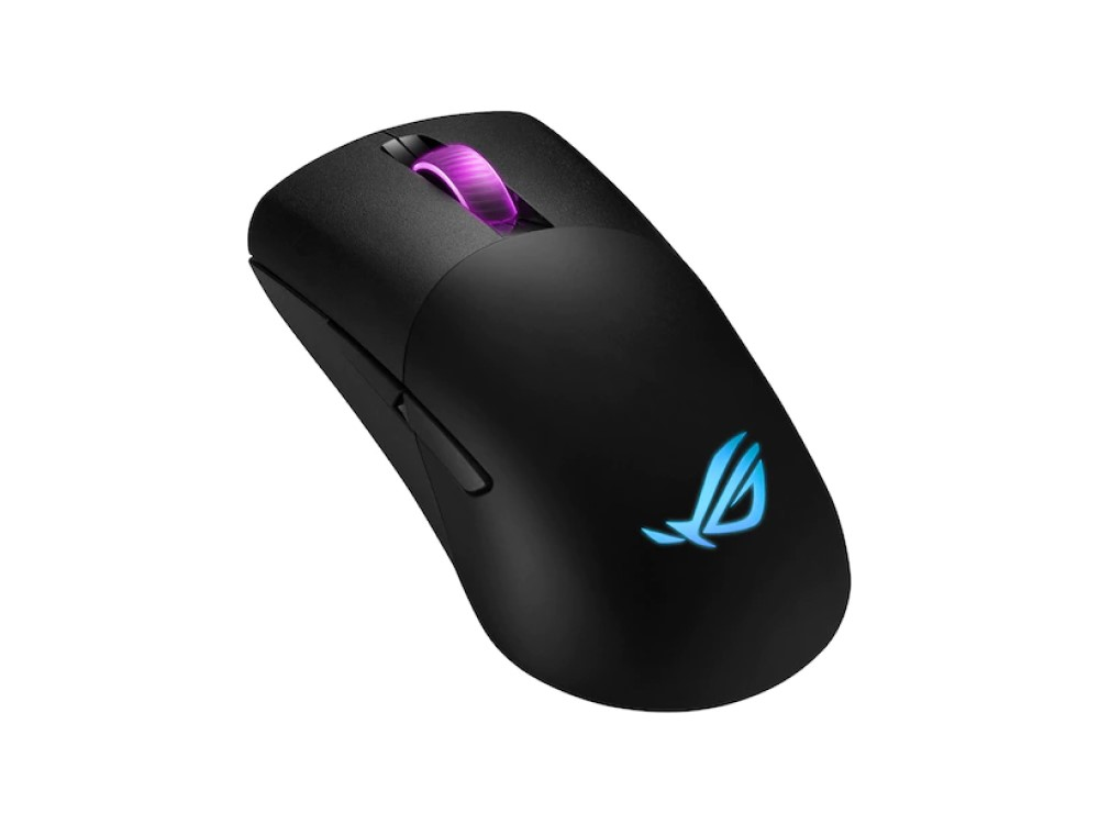 Ratón gaming inalámbrico negro con logo brillante. Fondo blanco.