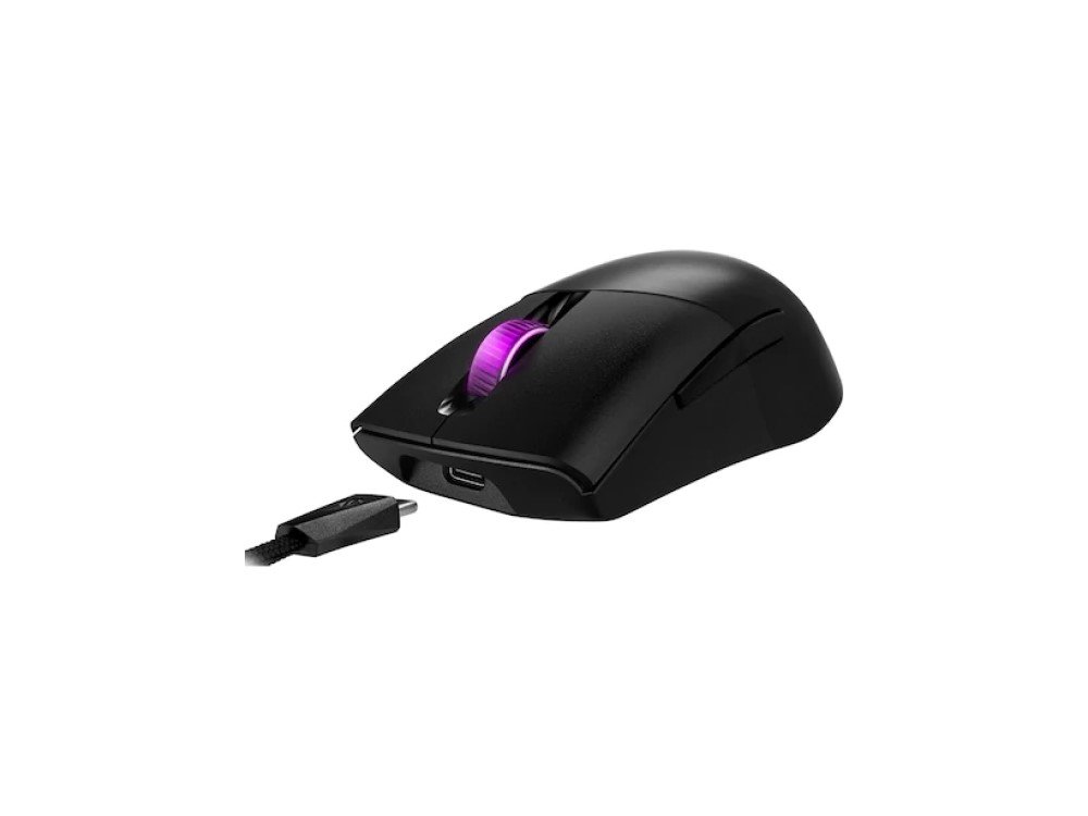 Ratón inalámbrico negro con rueda de desplazamiento morada, un cable de carga est á conectado.