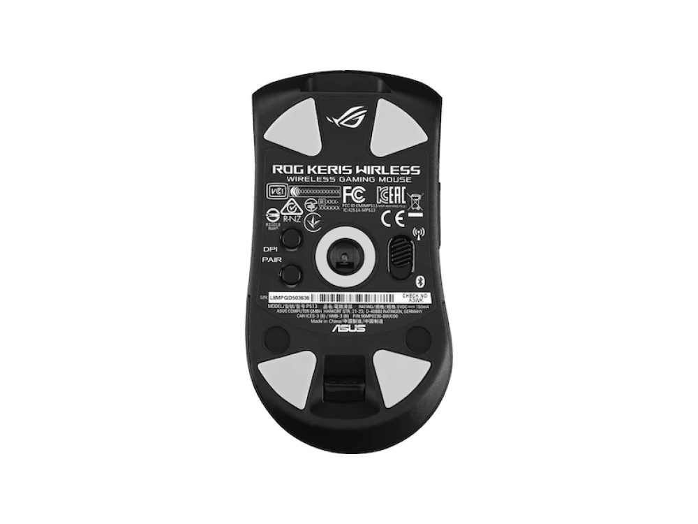 Vista inferior de un ratón inalámbrico ROG Keris negro.