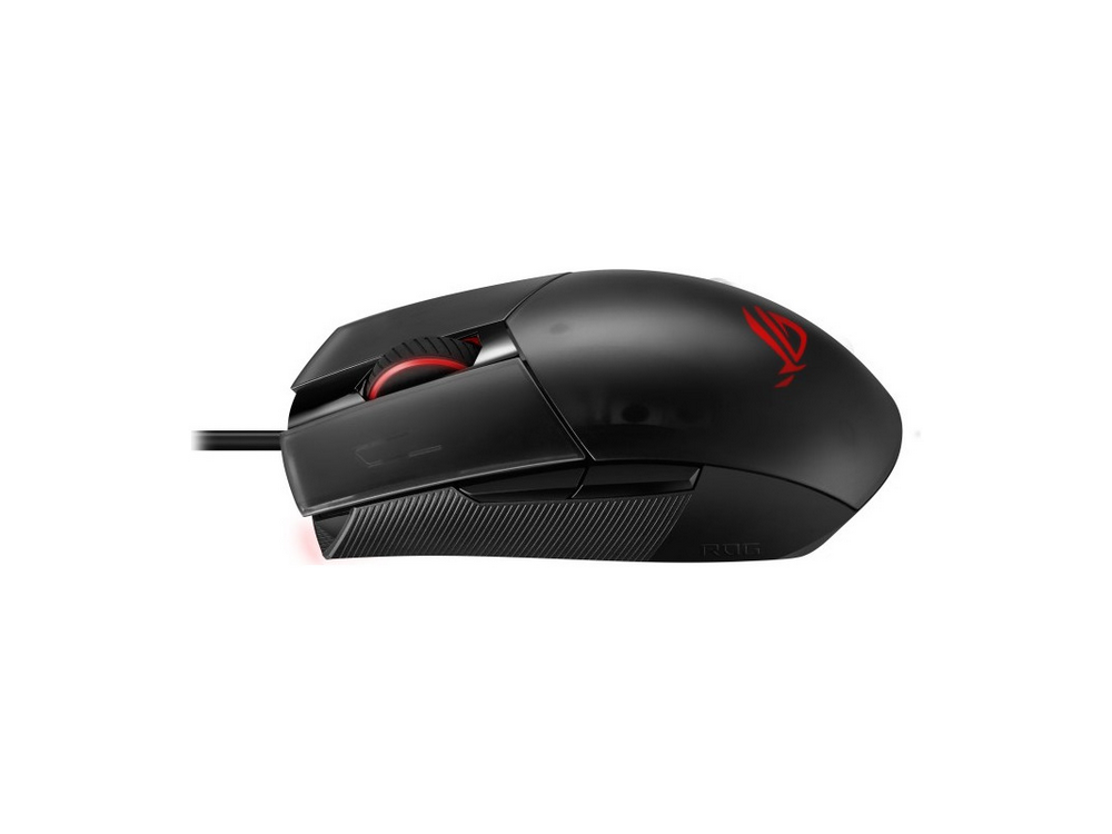 Ratón ROG negro con detalles rojos, vista en ángulo, luz roja frontal.