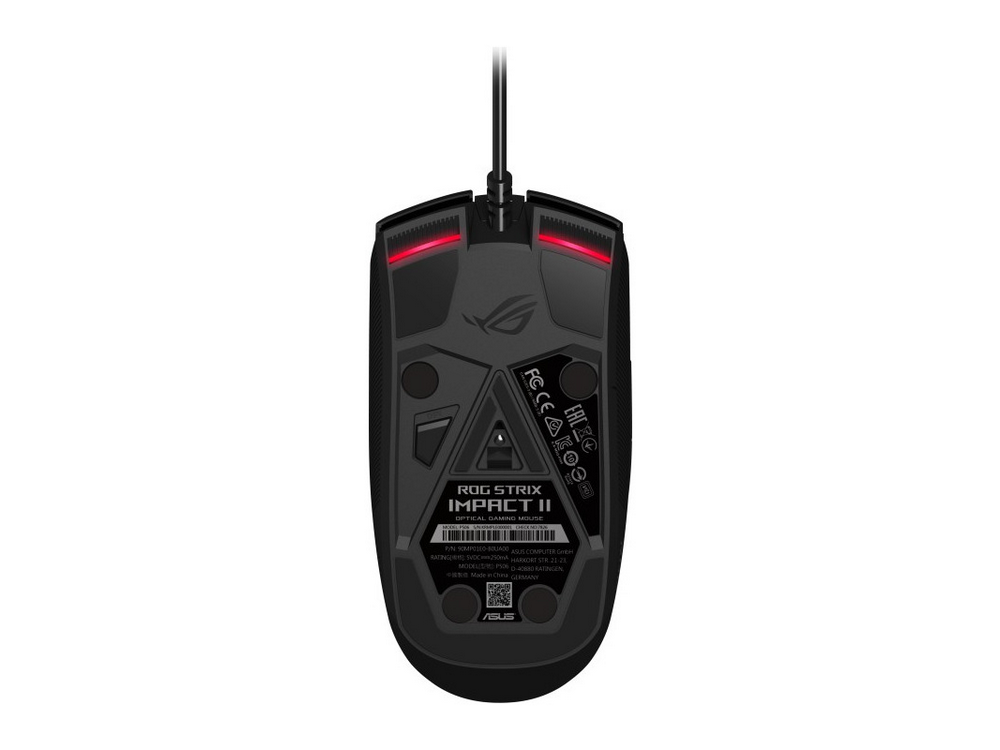Vista inferior de un ratón para juegos ROG Strix Impact II negro.