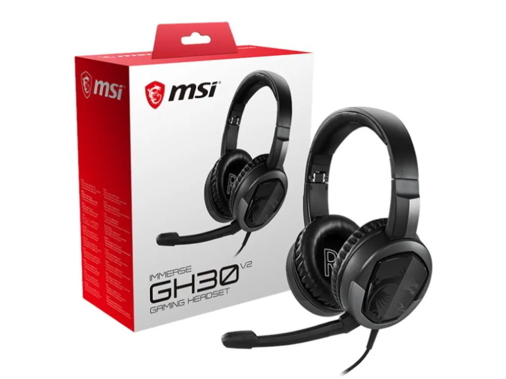 Auriculares gaming negros con micrófono, frente a una caja roja y negra con el logo MSI y texto.