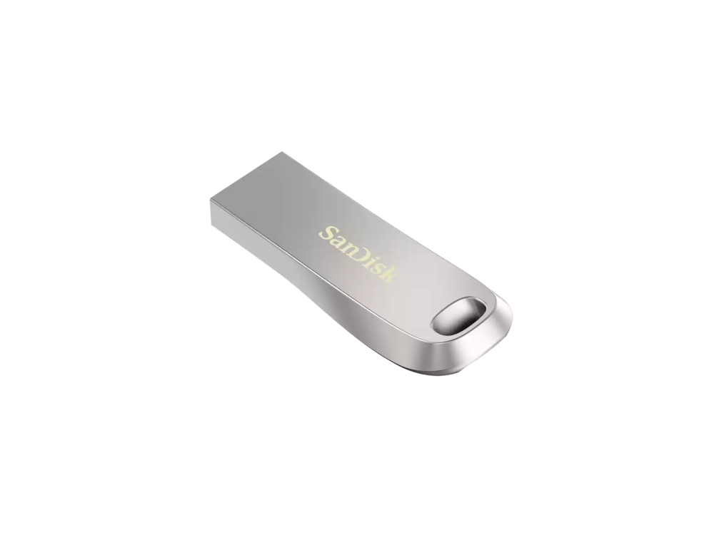 Una memoria USB Sandisk plateada. Diseño simple con el logotipo de Sandisk.