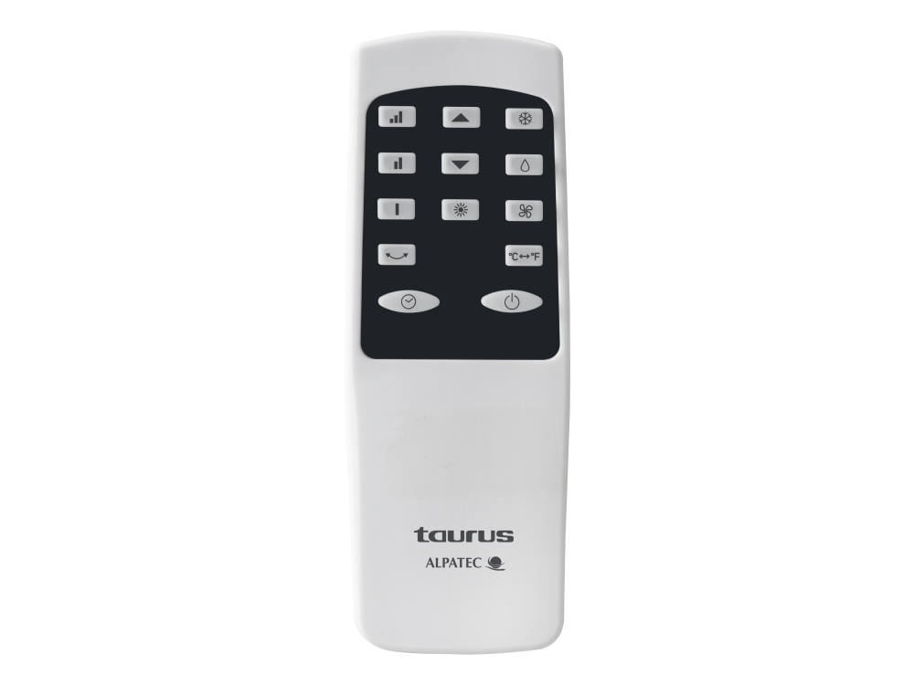 Mando a distancia blanco con botones negros, marca Taurus Alpatc, fondo negro.