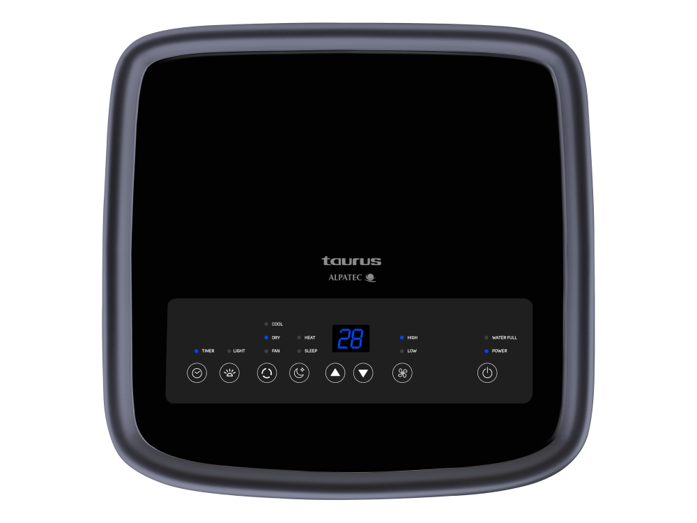 Enfriador de aire negro con pantalla. Tiene botones de control y pantalla digital.