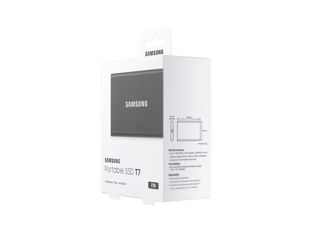 Samsung Portable SSD T7 en caja. La caja muestra la unidad y las especificaciones.
