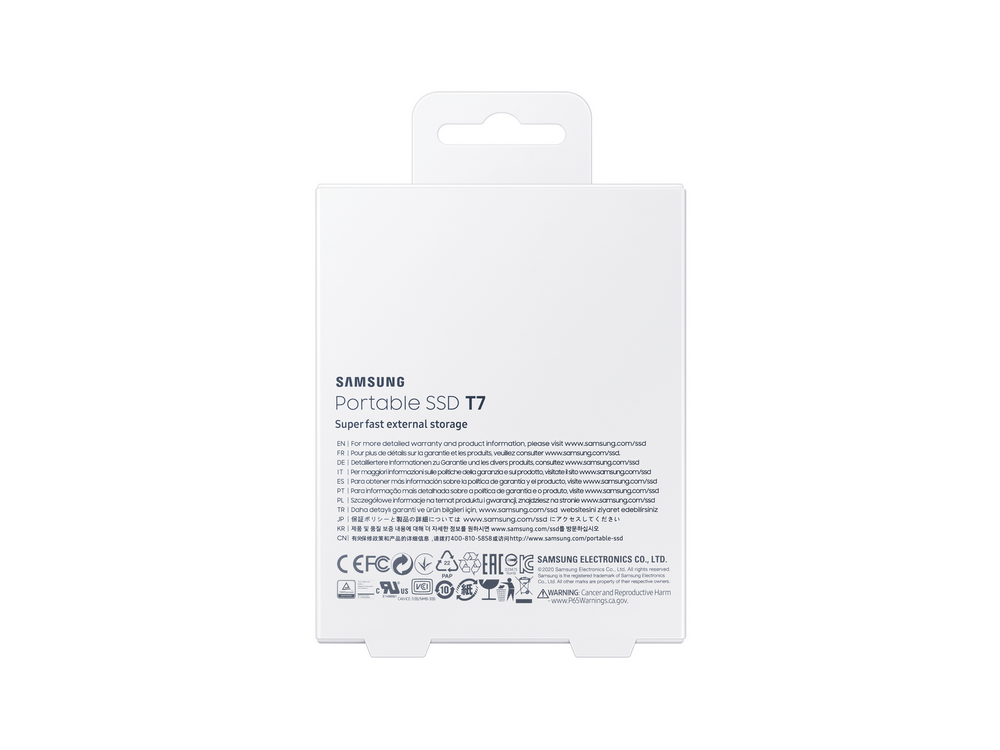 Caja de Samsung Portable SSD T7, fondo blanco, texto multilingüe.