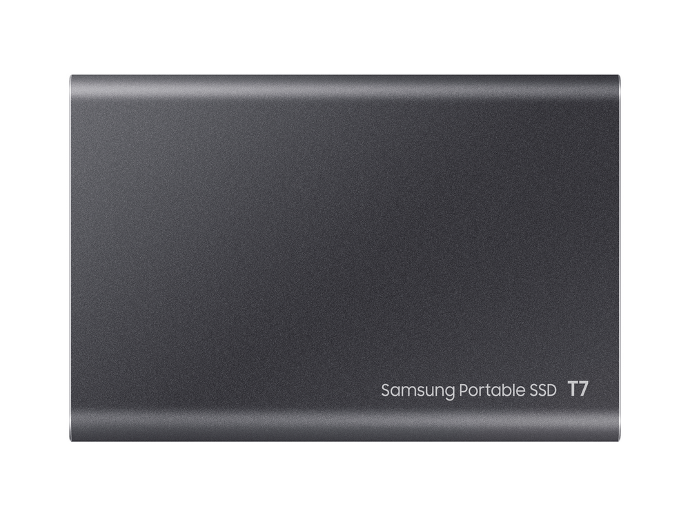SSD portátil Samsung T7 gris oscuro. El frente es plano con el nombre de la marca.