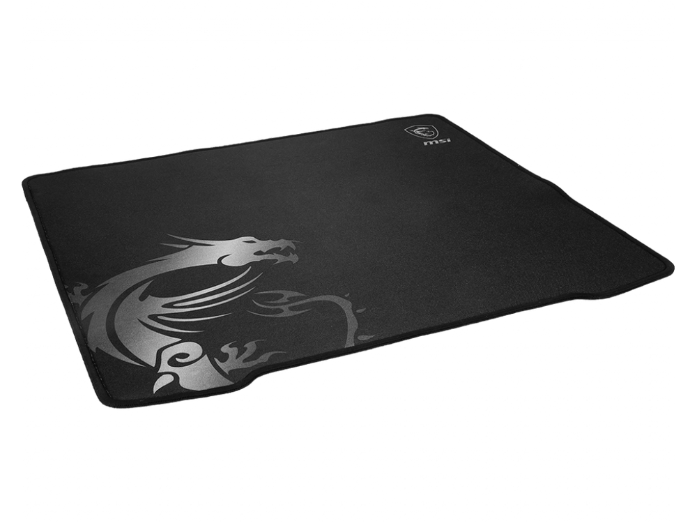 Una alfombrilla de ratón MSI gaming negra con un diseño de dragón plateado, sobre una superficie oscura.