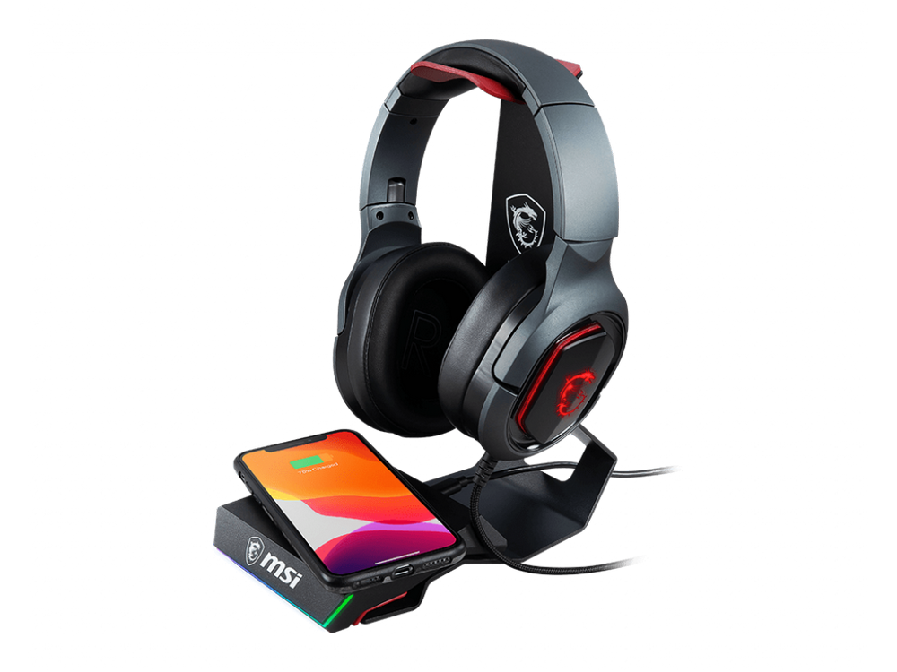 Soporte auriculares - MSI Immerse HS01 Combo, Universal, Carga inalámbrica 15 W, Base antideslizante, Negro