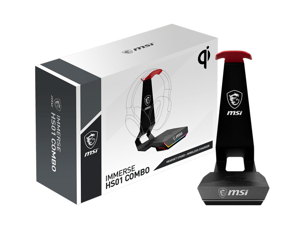 Soporte auriculares - MSI Immerse HS01 Combo, Universal, Carga inalámbrica 15 W, Base antideslizante, Negro