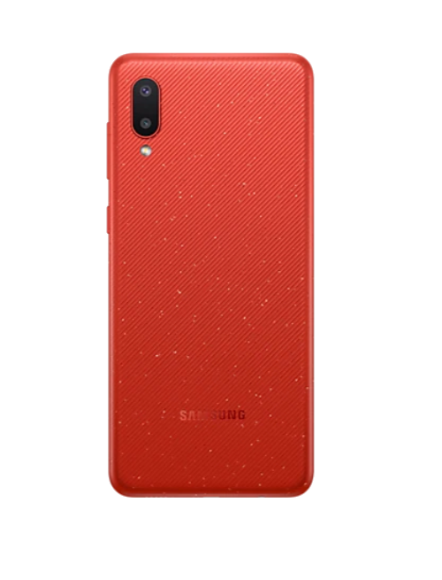 Kırmızı akıllı telefon. Telefonun bir kamerası ve dokulu bir arka kapağı var.