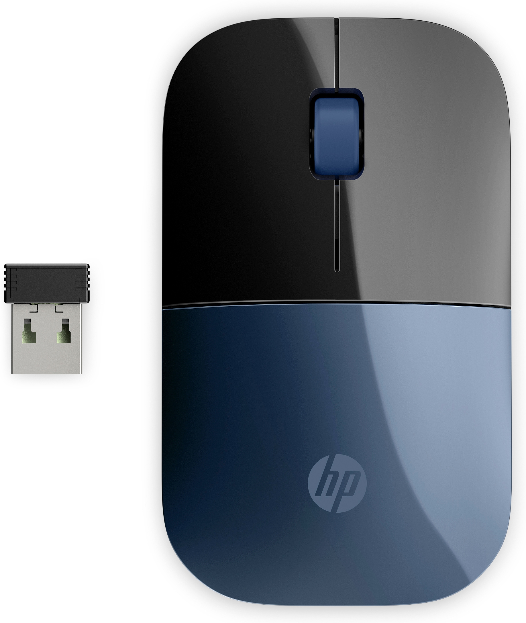Un ratón de ordenador azul y negro con un dongle USB sobre fondo blanco.