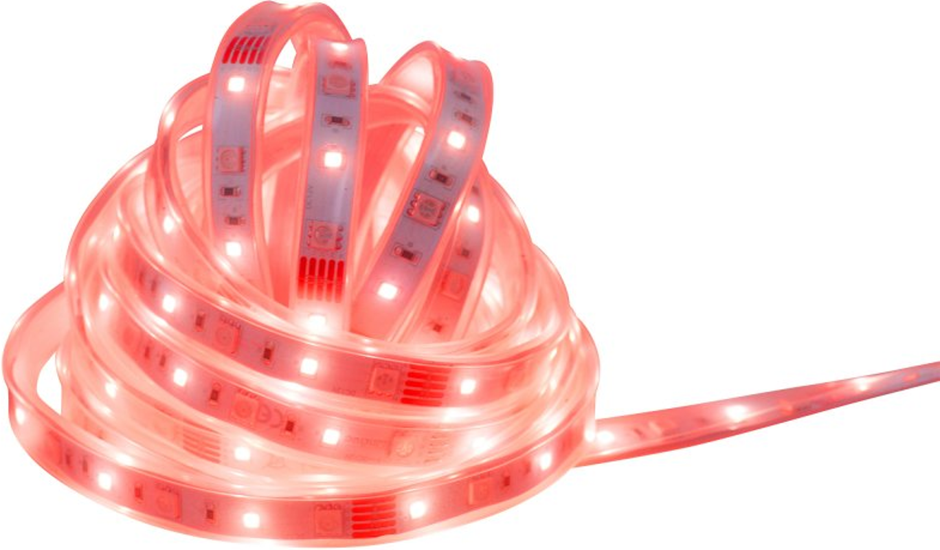 Aufgerollter roter LED-Streifen mit roten Lichtern, isoliert auf weißem Hintergrund.