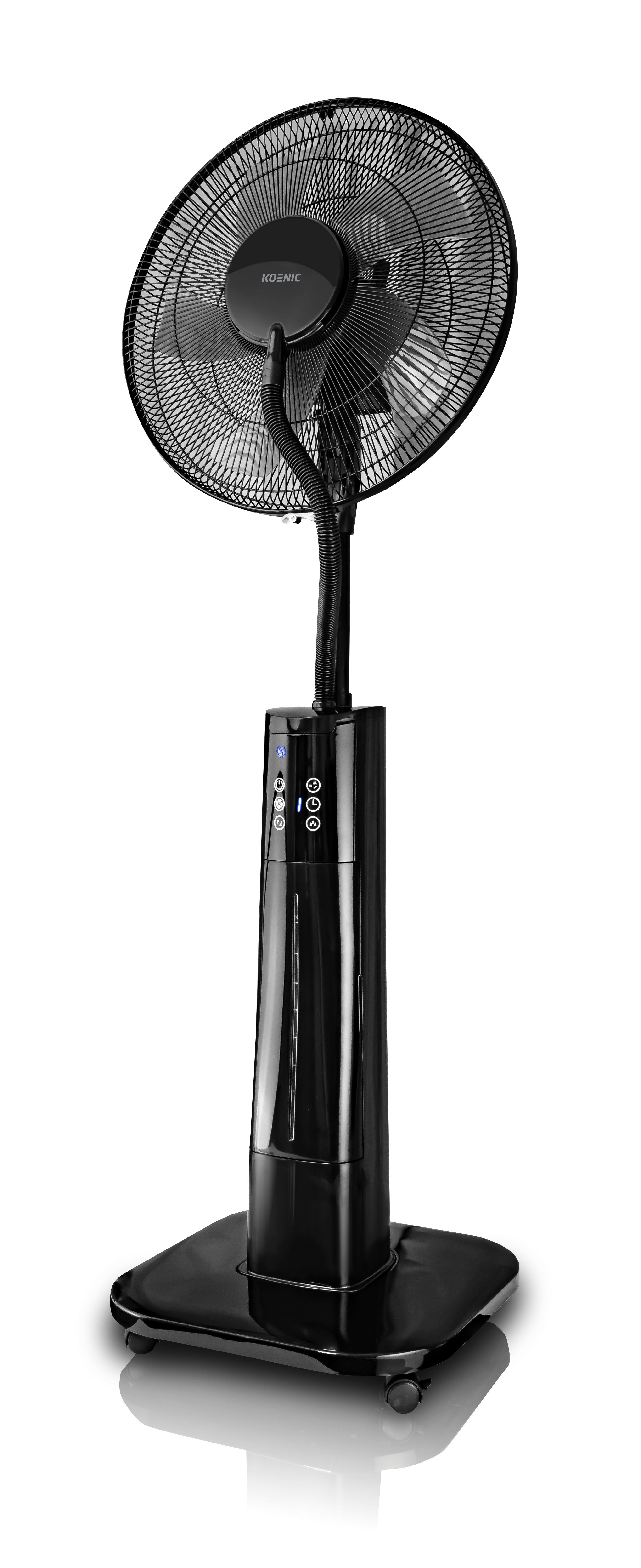 Schwarzer Standventilator mit rundem Ventilatorkopf, Bedienelementen am Sockel und schwarzem Hintergrund.