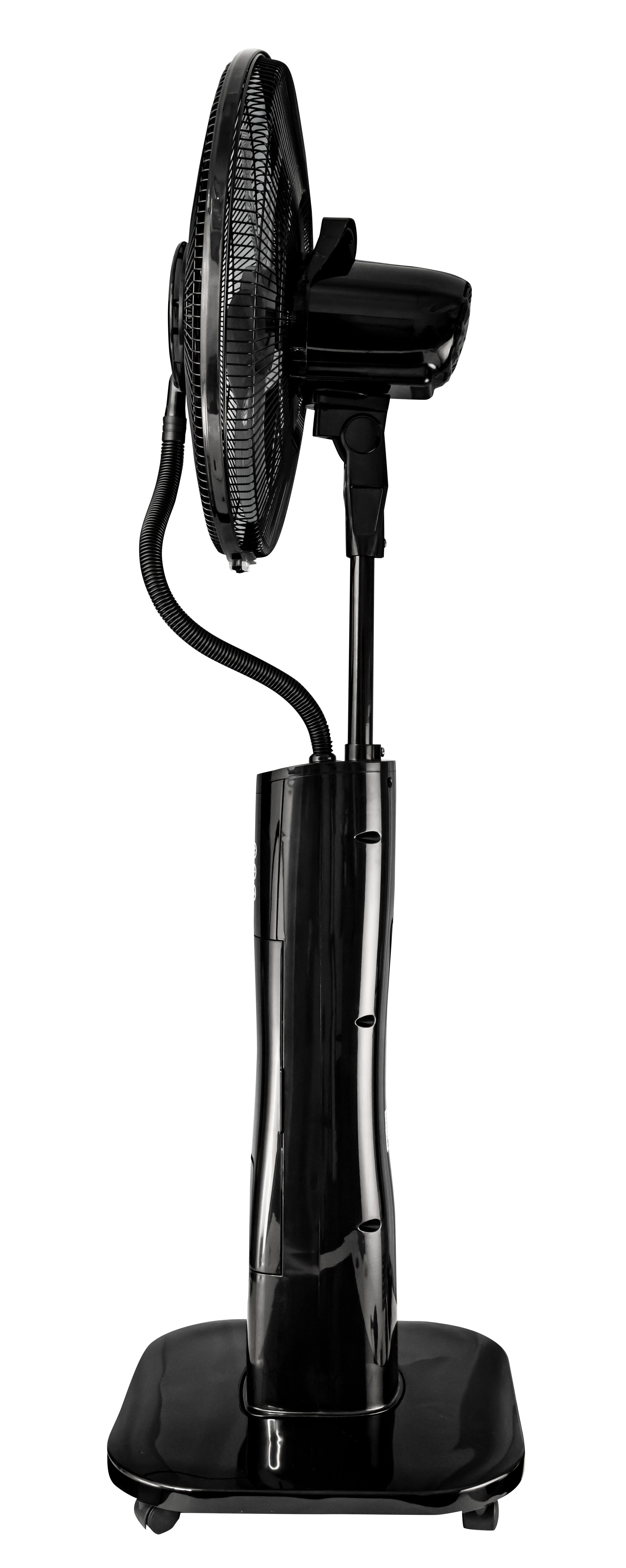 Ein schwarzer Standventilator mit rundem Ventilatorkopf und hohem, abgerundeten Fuß.