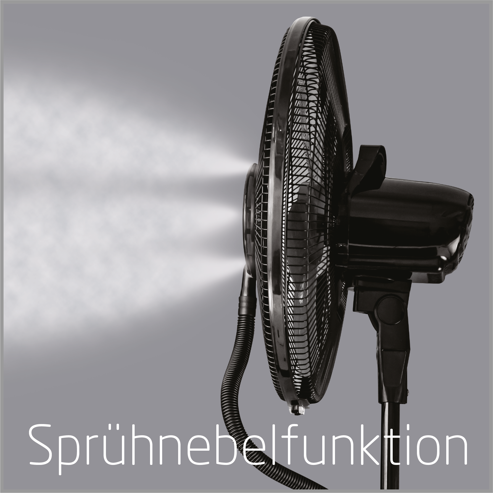 Ein schwarzer Ventilator, der einen Wassernebel ausstößt, mit dem deutschen Wort Sprühnebelfunktion.