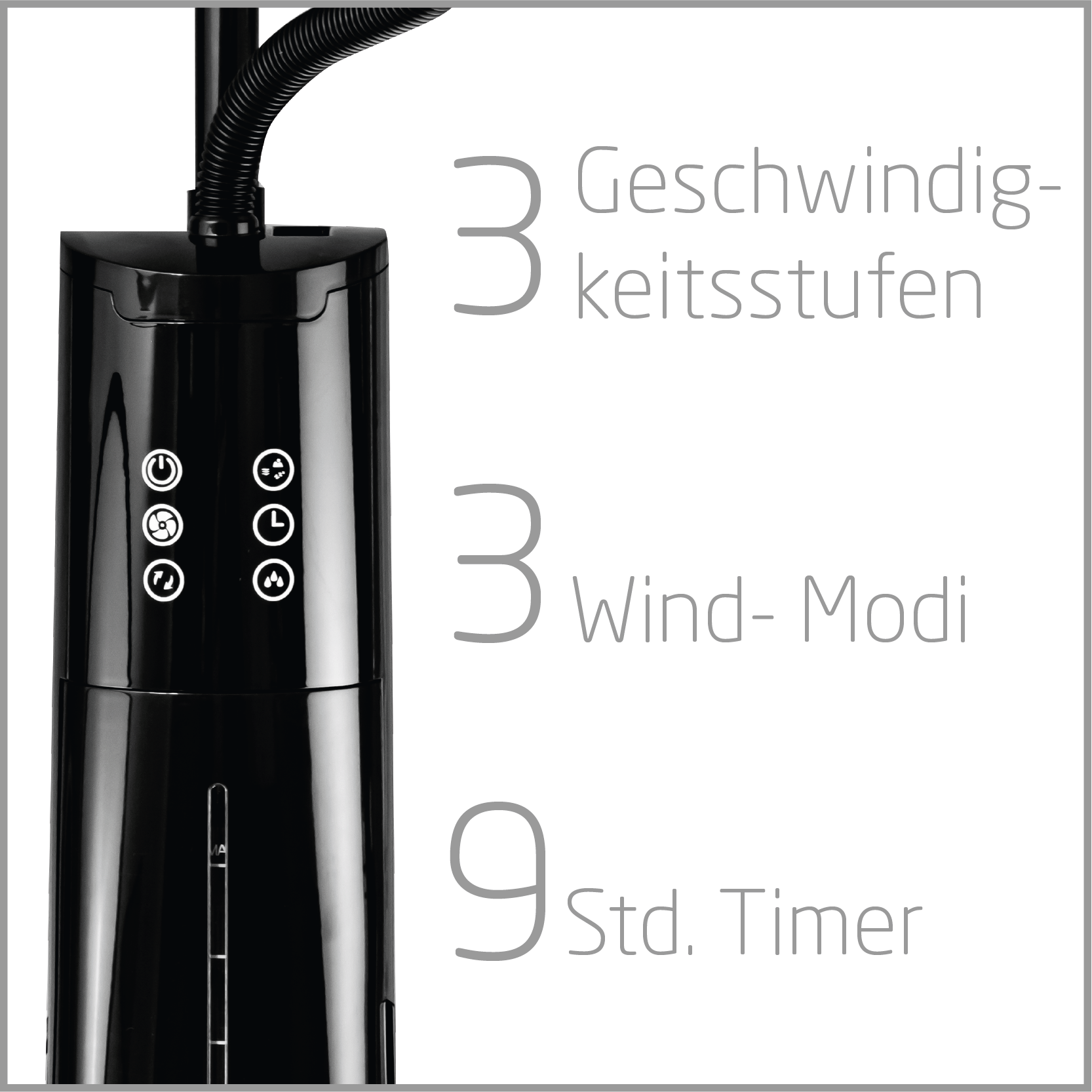 Schwarzer Turmventilator mit Bedienfeld und Text, der Geschwindigkeitsstufen, Windmodi und Timer angibt.
