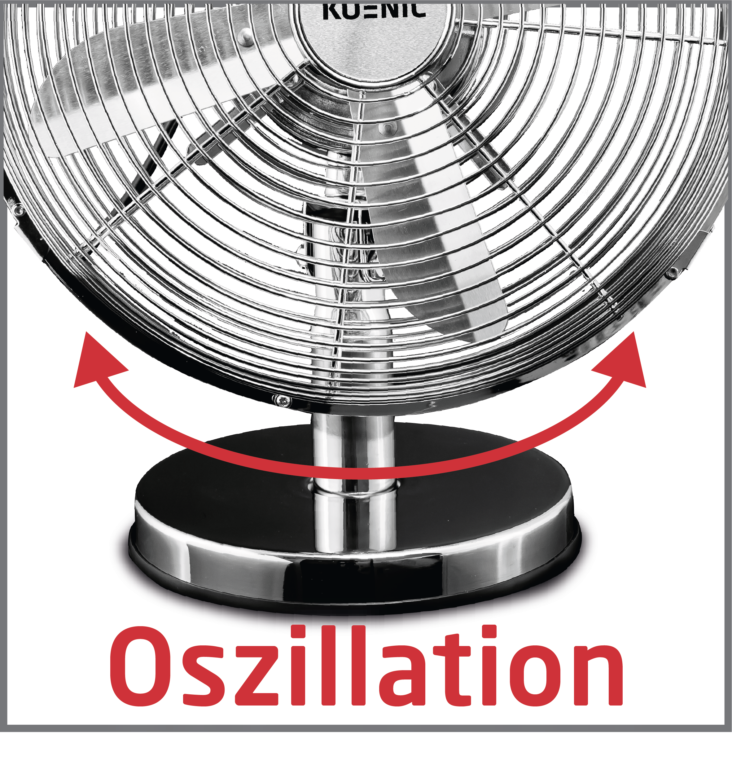 Silberner Ventilator mit Oszillationsfunktion. Pfeile zeigen die Bewegung, mit dem Wort 'Oszillation' in Rot.
