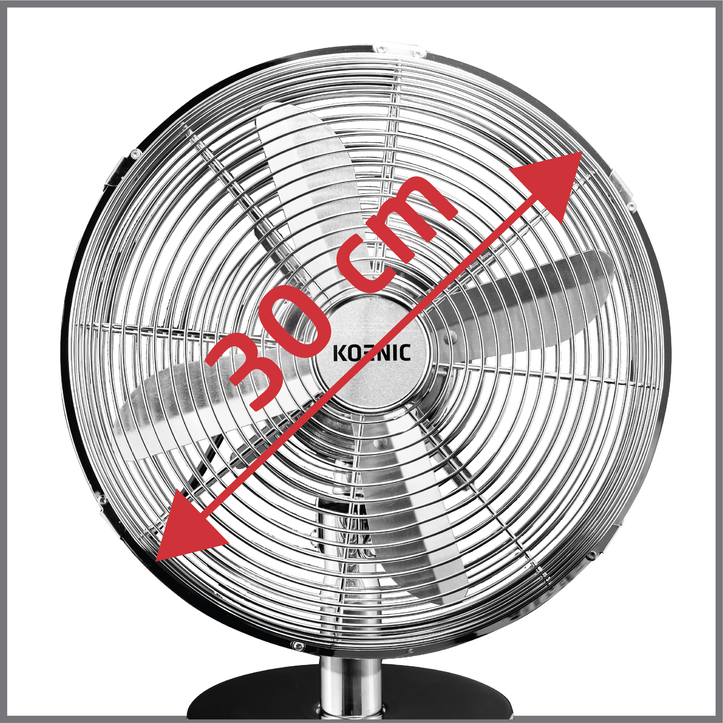 Runder Ventilator mit Metallflügeln. Ein roter Pfeil zeigt 30 cm Durchmesser an.
