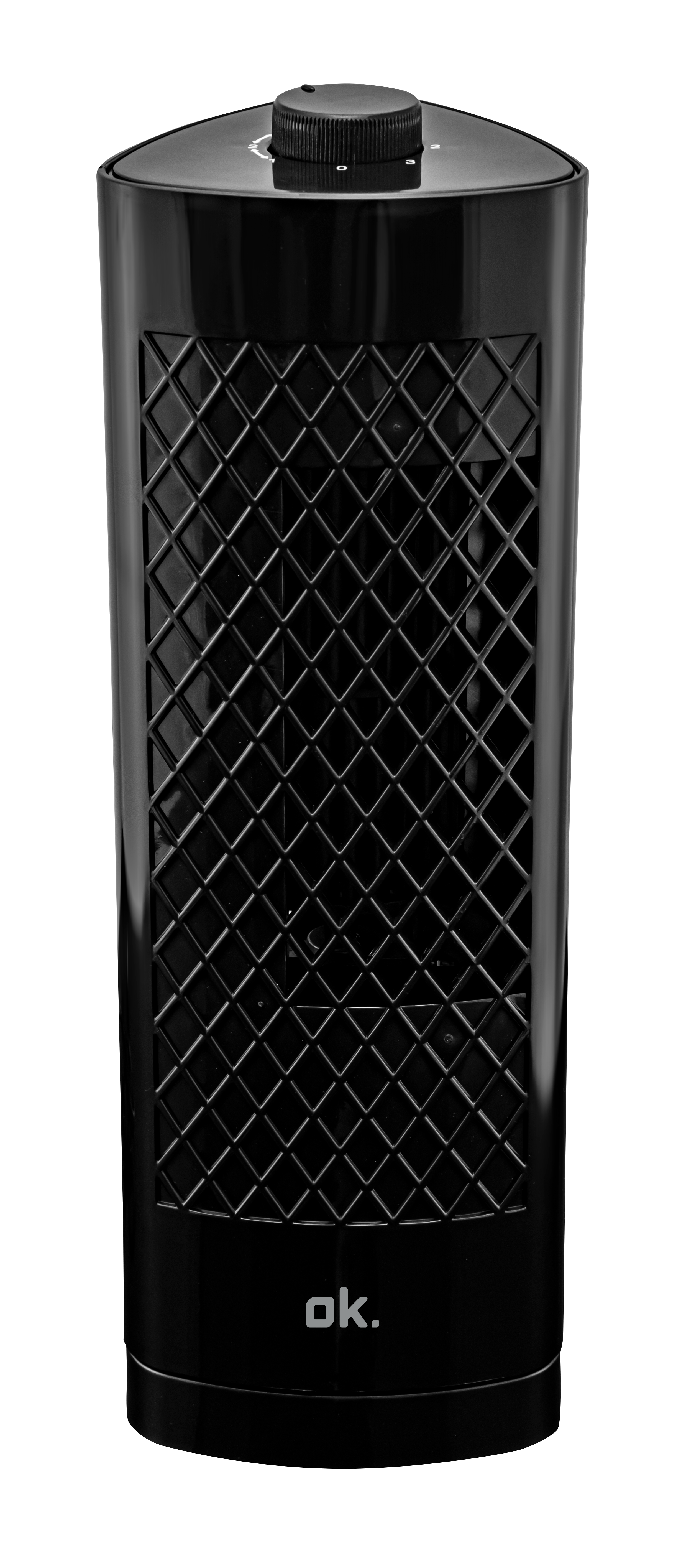 Schwarzer elektrischer Turmheizkörper mit diamantförmiger Frontplatte und Bedienknopf oben.