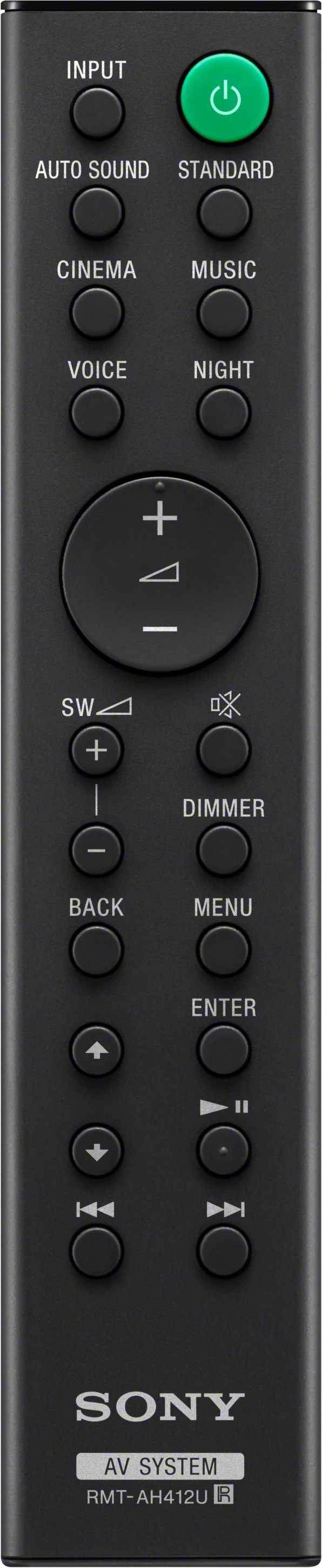Schwarze Fernbedienung mit Knöpfen, dem Wort SONY und der Modellnummer RMT-AH412U R.