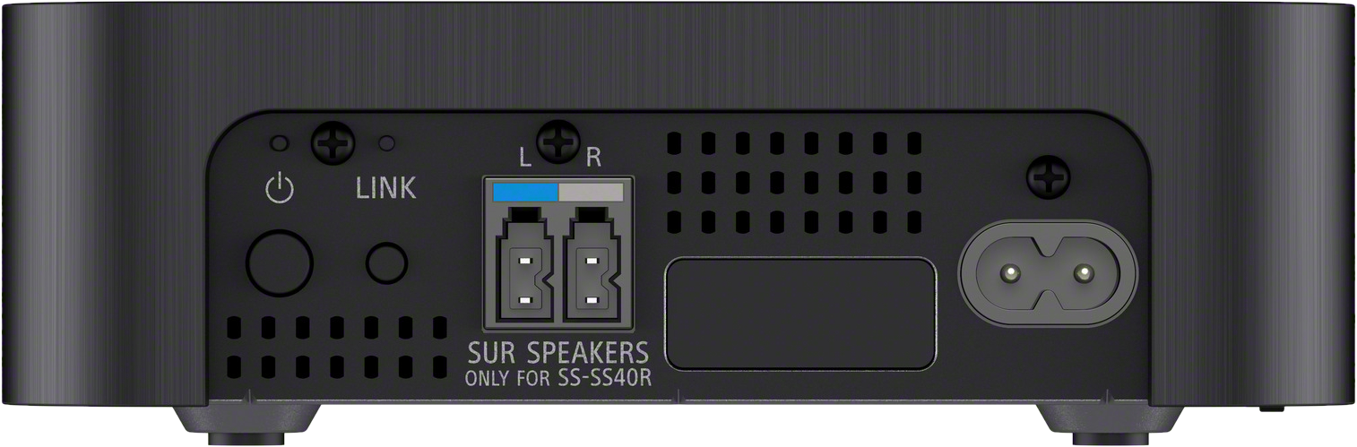 Rückseite einer schwarzen Sony Soundbar. Sie hat verschiedene Eingänge und Lautsprecheranschlüsse.